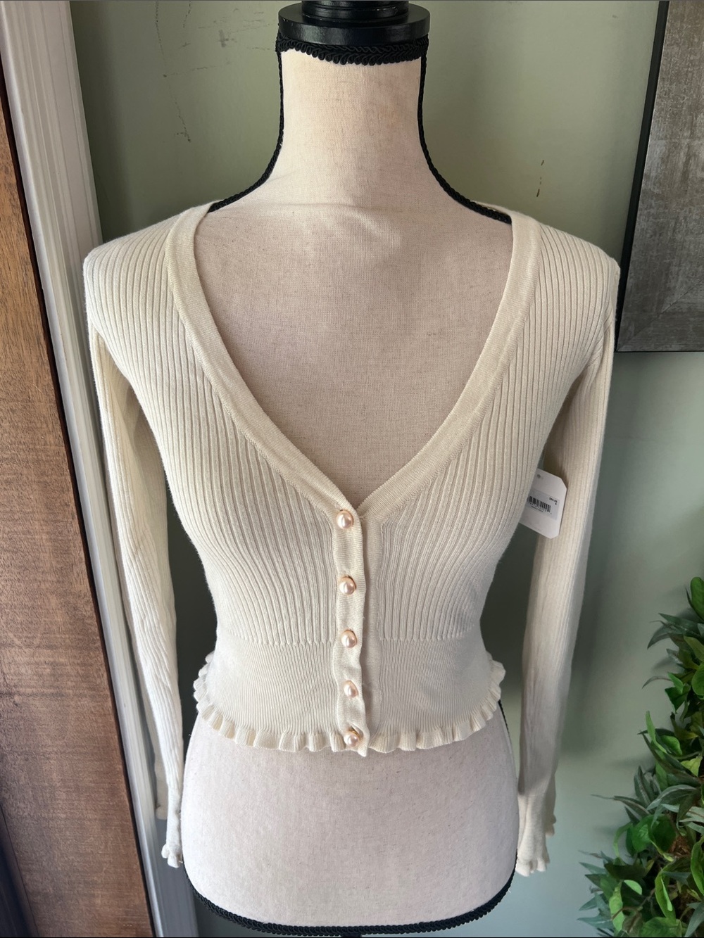 Altar'd State Cream Ribbed V-Neck Button-Front Sweater